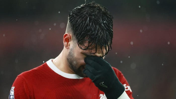 CEDERA— Dominik Szoboszlai dipastikan absen dalam dua pertandingan Liverpool. Gelandang Hungaria itu mengalami cedera dan tak bermain melawan Arsenal di Piala FA.