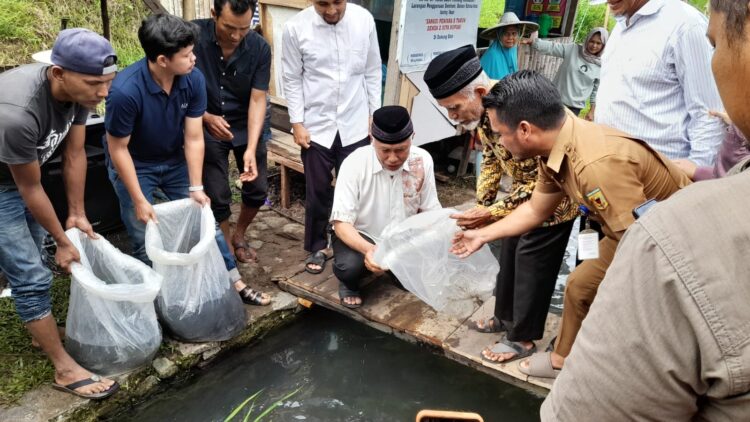 Gubernur Sumbar Mahyeldi Ansyarullah melepas bibit ikan larangan di Jorong Minang Jaya, Nagari Minang Kabau, Kecamatan Sungayang, Tanahdatar. (chandra antoni)