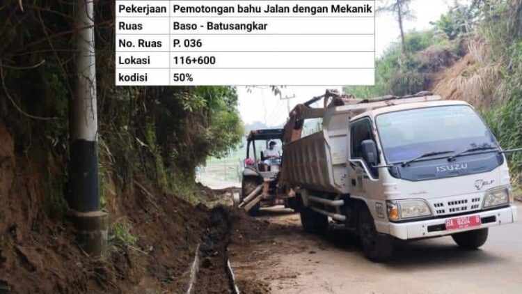 PERBAIKAN JALAN— Salah satu ruas jalan Batusangkar - Baso sedang dalam pengerjaan. Pemkab menargetkan perbaikan jalan akan tuntas jelang lebaran.