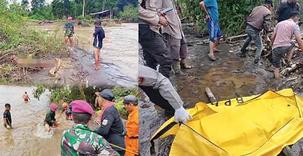 TEMUKAN MAYAT— Tim Gulben Lantamal II Padang menemukan dua mayat korban banjir bandang di aliran Batang Selo, Tanahdatar dan di dekat Jembatan Koto Marapak, Nagari Lambah, Kecamatan Ampek Angkek, Agam.