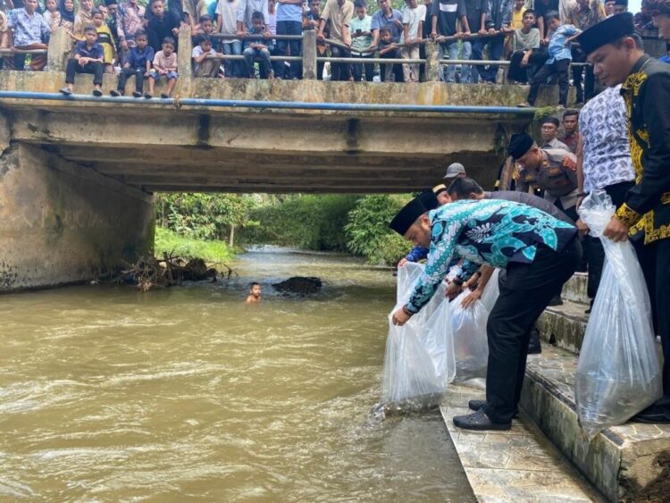 LEPAS—Bupati Kabupaten Sijunjung Benny Dwifa Yuswir lepas sebanyak 10.000 benih ikan nila di aliran sungai batang pulasan Nagari Pulasan, Kecamatan Tanjung Gadang,Kamis (2/5).