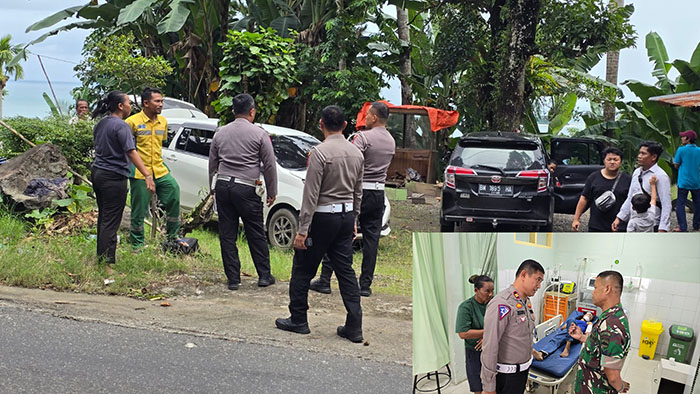 KECELAKAAN— Polisi melakukan olah TKP di lokasi kecelakaan sepeda motor
dengan mobil minibus. Sedangkan pengendara sepeda motor dan boncengannya dirawat di rumah sakit.