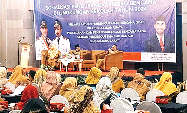 RISIKO BENCANA PESERTA DIDIK— Disdik Provinsi Sumbar melaksanakan sosialisasi pengurangan risiko bencana di lingkungan sekolah tahun 2024, Selasa (23/7) di Kota Padang.