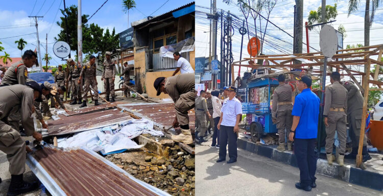 PENERTIBAN PKL— Satpol PP Kota Padang kembali melakukan pembongkaran terhadap lima unit lapak milik PKL yang memakai fasilitas Umum di kawasan Jalan Khatib Sulaiman, Kelurahan Ulak Karang Selatan, Kecamatan Padang Utara, Kamis (17/10).