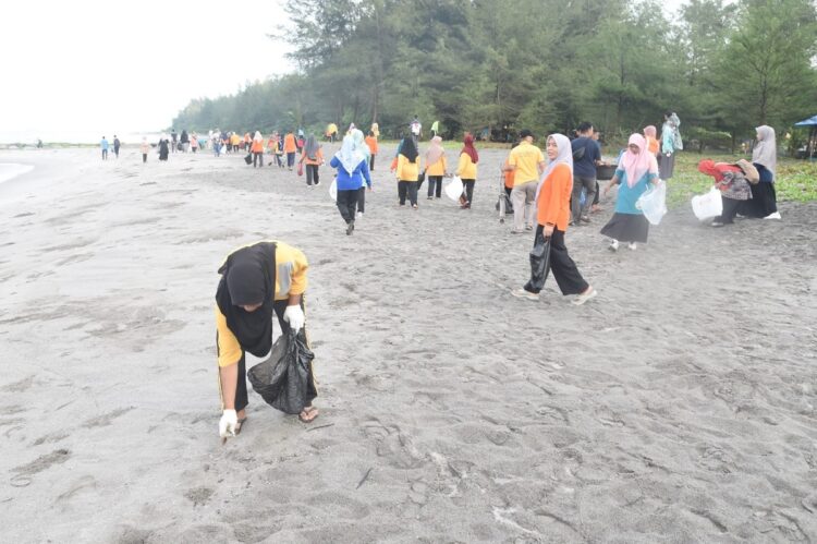 BERSIHKAN PANTAI— Pegawai honorer dan  ASN  berjibaku membersihkan kawasan pantai Pariaman dari sampah.