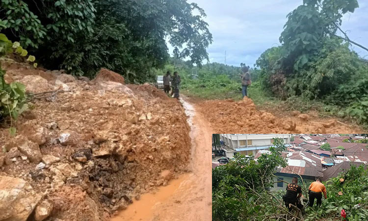 BENCANA— Tim BPBD melakukan pembersihan longsor dan pohon tumbang di Padang.