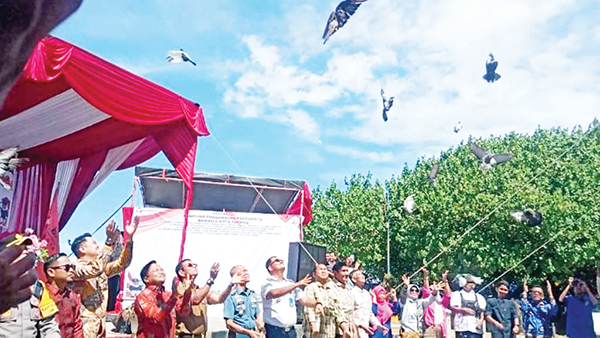 PELEPASAN MERPATI— Sebanyak 27 ekor merpati dilepas, menandai dideklarisakannya Kampung Pengawasan Partisipatif untuk Pilkada Serentak, di Monumen Merpati Perdamaian, Pantai Muaro Lasak, Senin (28/10).