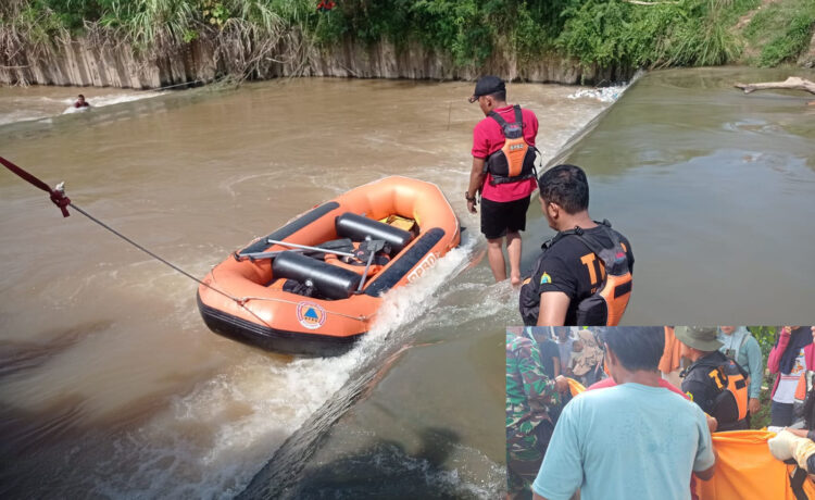 EVAKUASI—
Tim SAR gabungan mengevakuasi jenazah pria lansia yang ditemukan di aliran sungai banjir kanal Banda Luruih, Kota Padang.