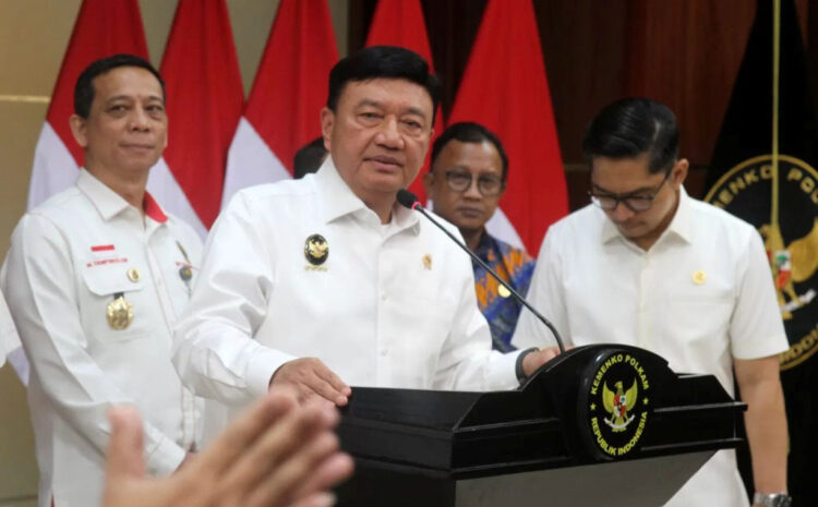 KONFERENSI PERS— Menteri Koordinator Bidang Politik dan Keamanan (Menko Polkam) Budi Gunawan saat konferensi pers.