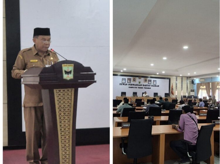 SAMBUTAN—Plt. Bupati Padangpariaman Rahmang saat berikan sambutan pada sidang jawaban eksekutif terhadap pandangan umum fraksi atas nota penjelasan rancangan rencana anggaran pendapatan dan belanja daerah tahun 2025.