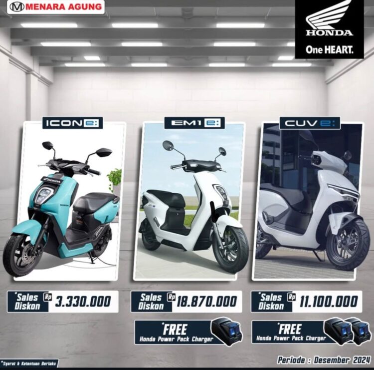 DISKON-PT Menara Agung memberikan diskon untuk tiga varian sepeda motor listrik Honda.