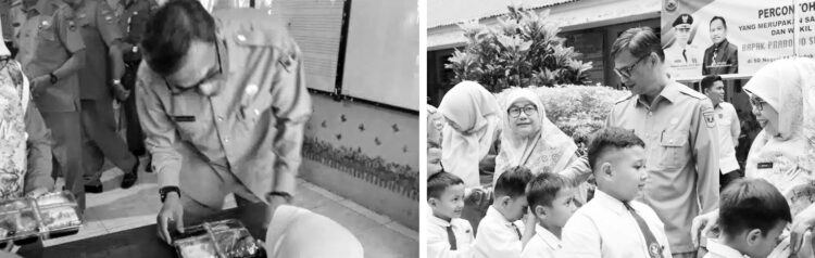 TINJAU—Penjabat Sekretaris Daerah Kota Sawahlunto Ezeddin Zain, saat meninjau pelaksanaan uji coba makan bergizi gratis untuk murid SD di Kota Sawahlunto, yakni di SD Negeri 11 Pondok Batu Kecamatan Lembah Segar, pada Selasa (3/12).