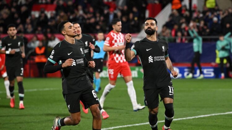 GOL KEMENANGAN— Mohamad Salah mencetak gol kemenangan Liverpool lewat titik putih saat menghadapi Girona di league phase Liga Champions 2024/25, Rabu (11/12) dini hari WIB.