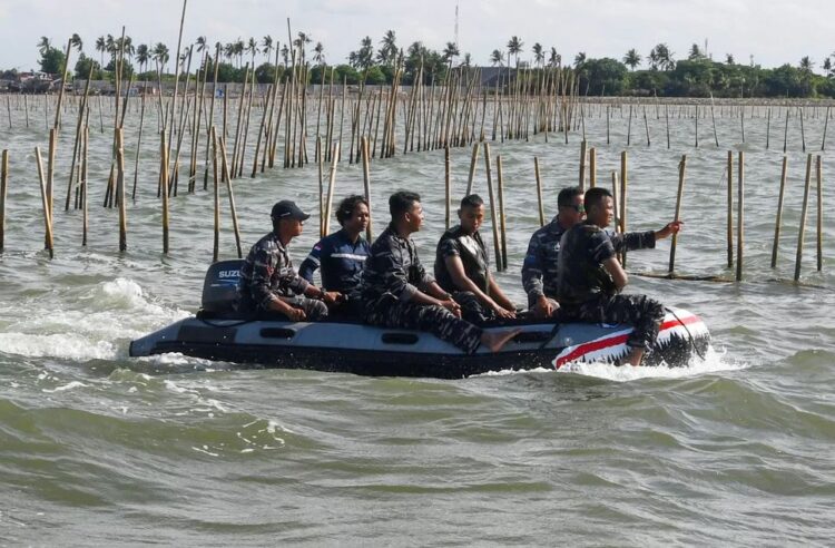 BONGKAR PAGAR LAUT— Personel TNI AL dan Nelayan membongkar pagar laut yang terpasang di kawasan pesisir Kabupaten Tangerang, Banten, Sabtu (18/1/2025).