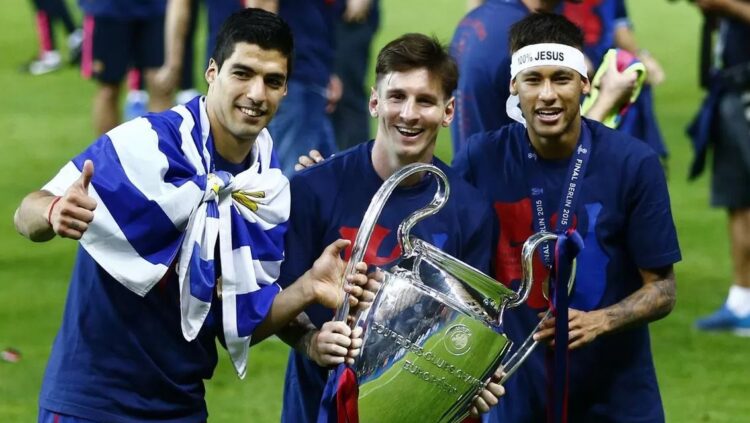 TRIO MSN— Trio MSN Lionel Messi, Neymar Jr dan Luis Suarez di Barcelona.